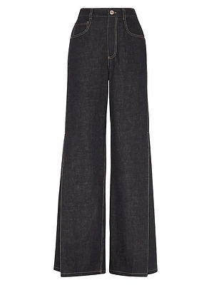 No Fade Denim Loose Flared Trousers with Monili