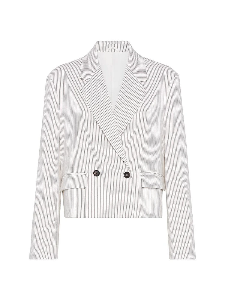 Comfort Linen and Cotton Chalk Stripe Twill Cropped Blazer with Monili