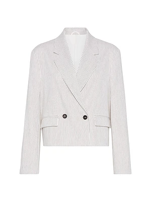 Comfort Linen and Cotton Chalk Stripe Twill Cropped Blazer with Monili