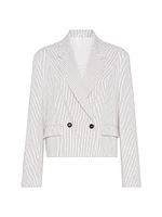 Comfort Linen and Cotton Chalk Stripe Twill Cropped Blazer with Monili