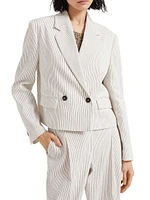 Comfort Linen and Cotton Chalk Stripe Twill Cropped Blazer with Monili