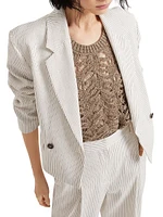 Comfort Linen and Cotton Chalk Stripe Twill Cropped Blazer with Monili