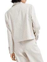 Comfort Linen and Cotton Chalk Stripe Twill Cropped Blazer with Monili