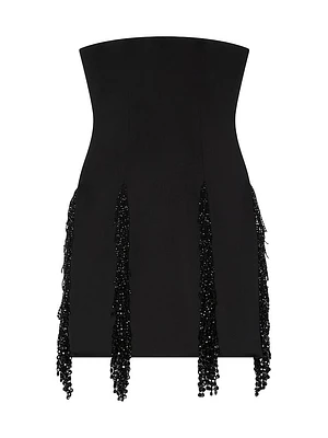 Strapless Dress in Crepe Satin with Crystal Fringes