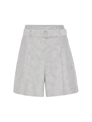 Striped Cotton and Linen Twill Formal Bermuda Shorts with Monili
