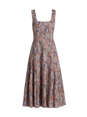 Jolie Pleated Paisley Stretch Cotton Midi-Dress