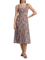 Jolie Pleated Paisley Stretch Cotton Midi-Dress