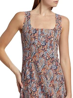 Jolie Pleated Paisley Stretch Cotton Midi-Dress
