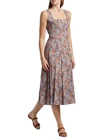 Jolie Pleated Paisley Stretch Cotton Midi-Dress