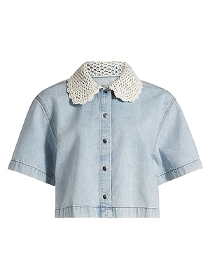 Crocheted Collar Snap-Front Denim Shirt