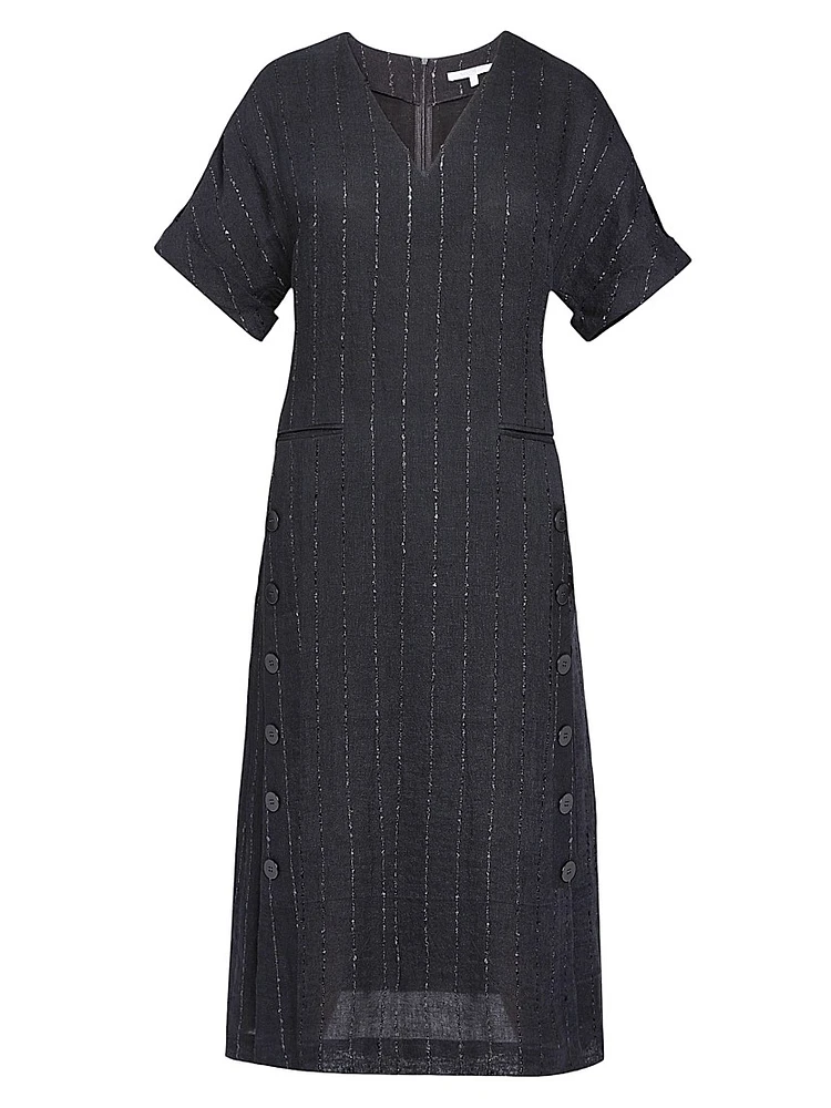 Striped Linen-Blend A-Line Midi-Dress