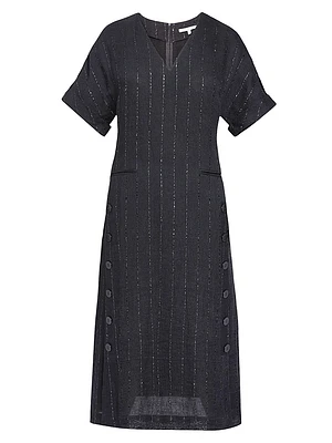 Striped Linen-Blend A-Line Midi-Dress