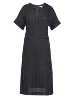 Striped Linen-Blend A-Line Midi-Dress