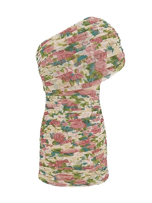 Ruched One-Shoulder Dress Floral Tulle
