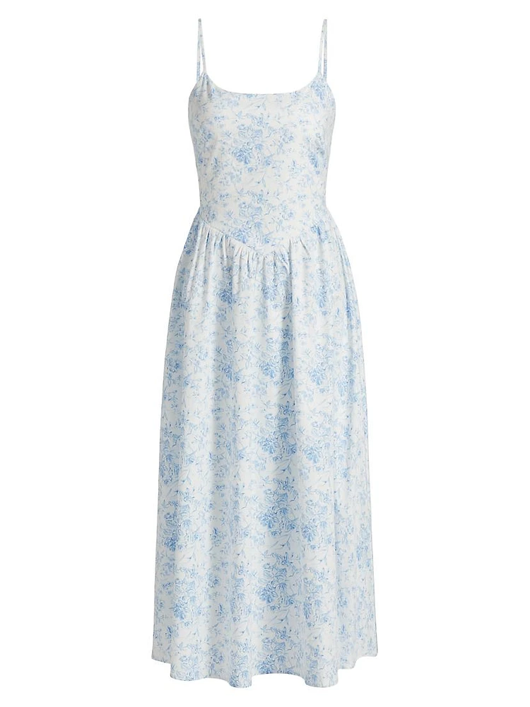 Toile Basque-Waist Midi-Dress