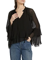 Ruffled Chiffon Long-Sleeve Blouse