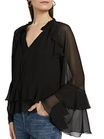 Ruffled Chiffon Long-Sleeve Blouse