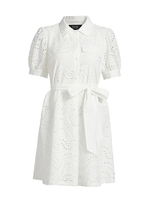 Eyelet Cotton Tie-Waist Mini-Shirtdress