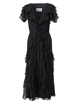 Ruffled Silk V-Neck Midi-Dress