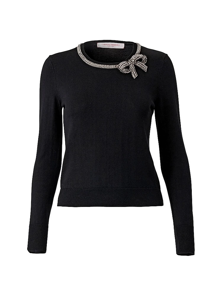Crystal Bow-Embellished Silk-Cotton Knit Sweater
