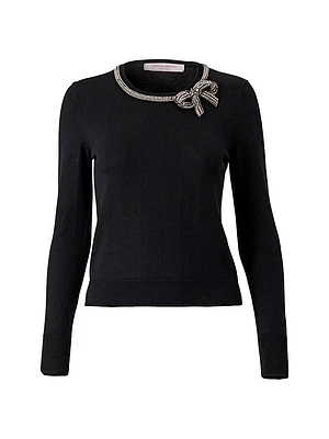 Crystal Bow-Embellished Silk-Cotton Knit Sweater