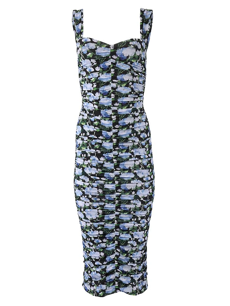 Ruched Floral Sweetheart Midi-Dress