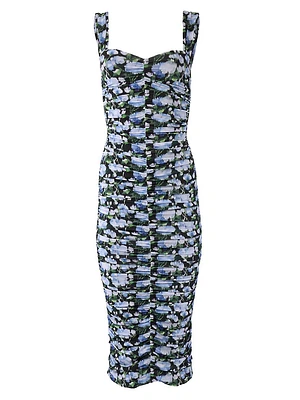 Ruched Floral Sweetheart Midi-Dress