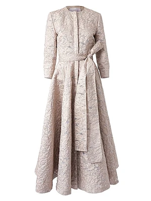 Metallic Jacquard Tie-Waist Trench-Style Midi-Dress