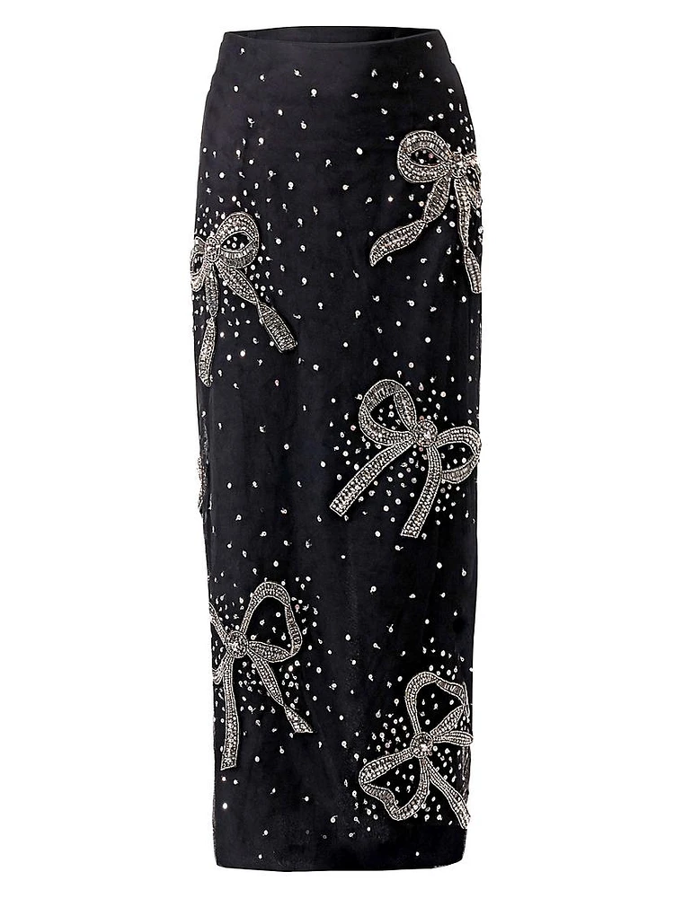 Bow Sequin-Embellished Column Midi-Skirt