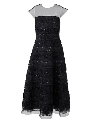 Embellished Tulle Cap-Sleeve Midi-Dress