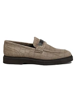 Crocodile-Embossed Suede Penny Loafers