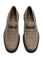 Crocodile-Embossed Suede Penny Loafers