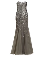Embellished Tulle Strapless Gown