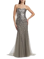 Embellished Tulle Strapless Gown