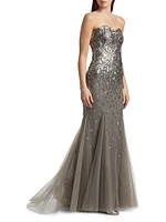 Embellished Tulle Strapless Gown