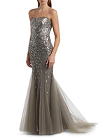 Embellished Tulle Strapless Gown