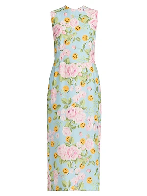 Smiley And Flower Print Silk Midi-Dress