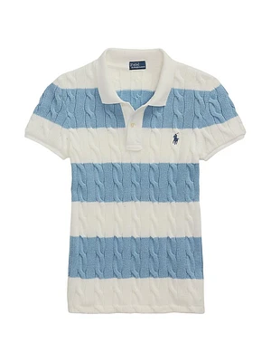 Striped Cable-Knit Short-Sleeve Polo Sweater