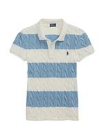 Striped Cable-Knit Short-Sleeve Polo Sweater