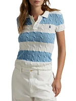 Striped Cable-Knit Short-Sleeve Polo Sweater