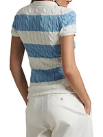 Striped Cable-Knit Short-Sleeve Polo Sweater