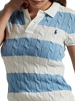 Striped Cable-Knit Short-Sleeve Polo Sweater