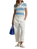 Striped Cable-Knit Short-Sleeve Polo Sweater