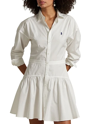 Cotton Broadcloth Paneled Button-Front Shirtdress