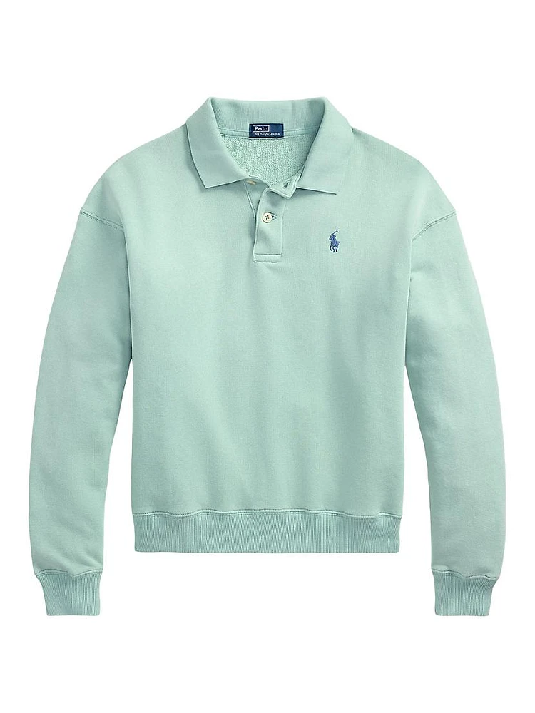 Cotton-Blend Fleece Long-Sleeve Polo Pullover