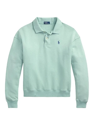 Cotton-Blend Fleece Long-Sleeve Polo Pullover