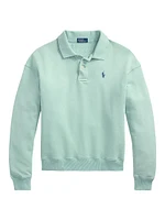 Cotton-Blend Fleece Long-Sleeve Polo Pullover