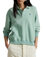 Cotton-Blend Fleece Long-Sleeve Polo Pullover