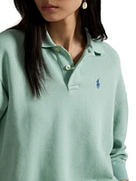 Cotton-Blend Fleece Long-Sleeve Polo Pullover