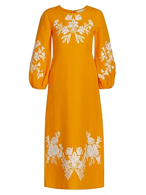 Amaira Embroidered Linen-Blend Midi-Dress